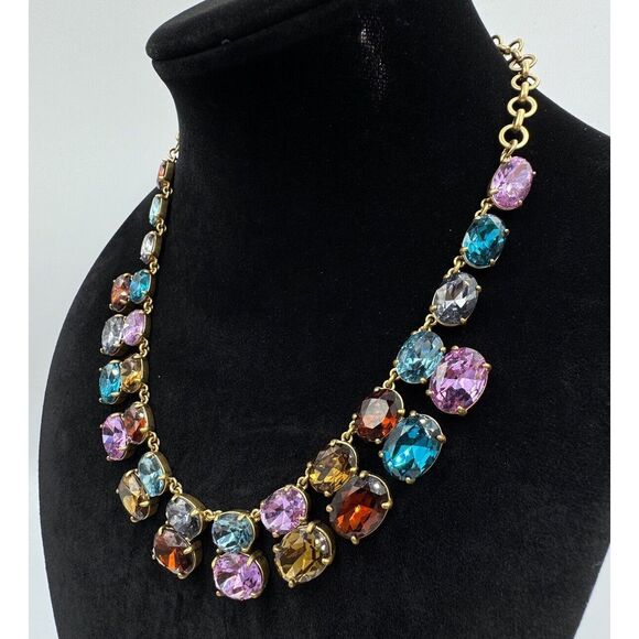 J.Crew Gold Tone Blue Purple Red Oval Rhinestone Statement Necklace New With Tag - Picture 3 of 9
